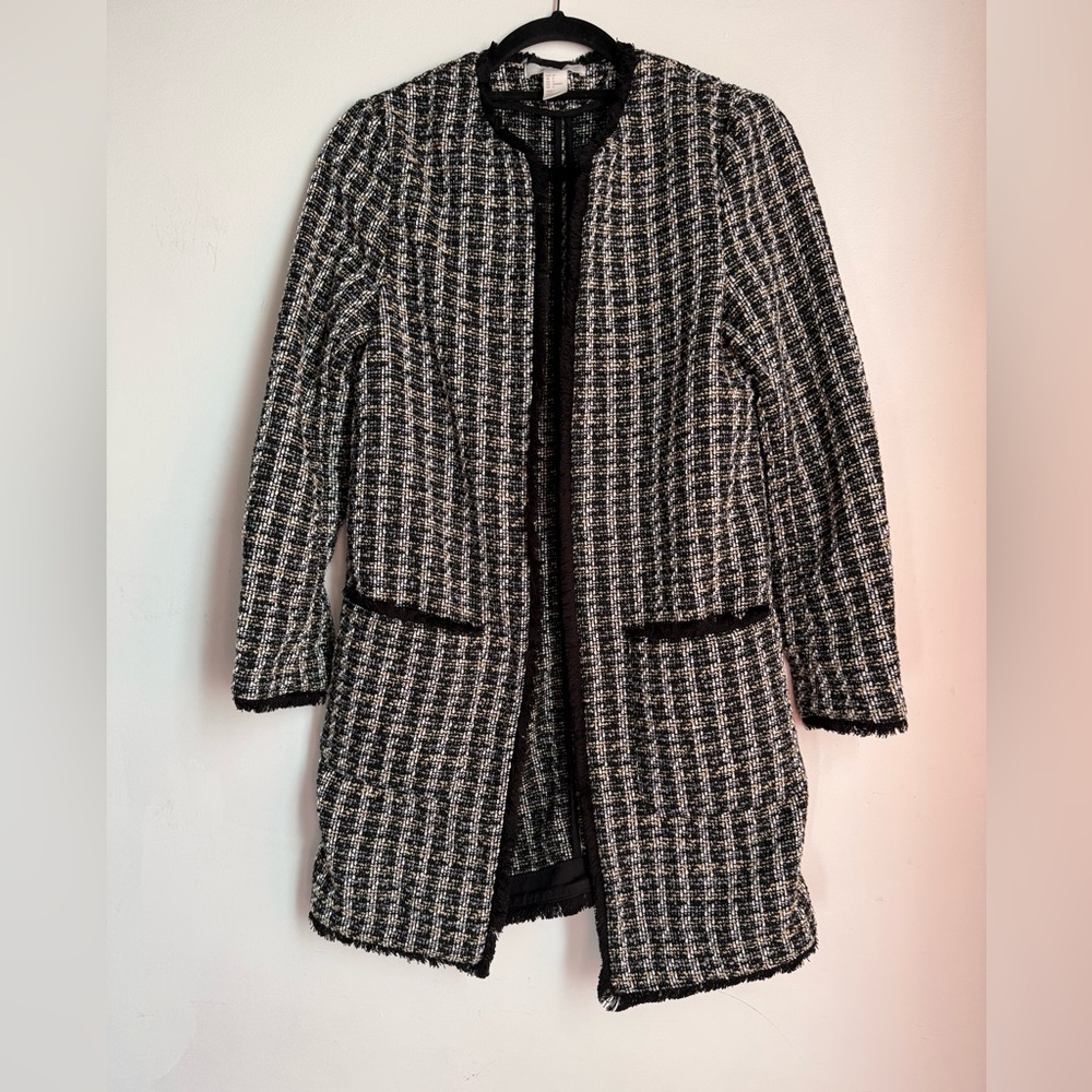 HM Women's Black and White Tweed Coat